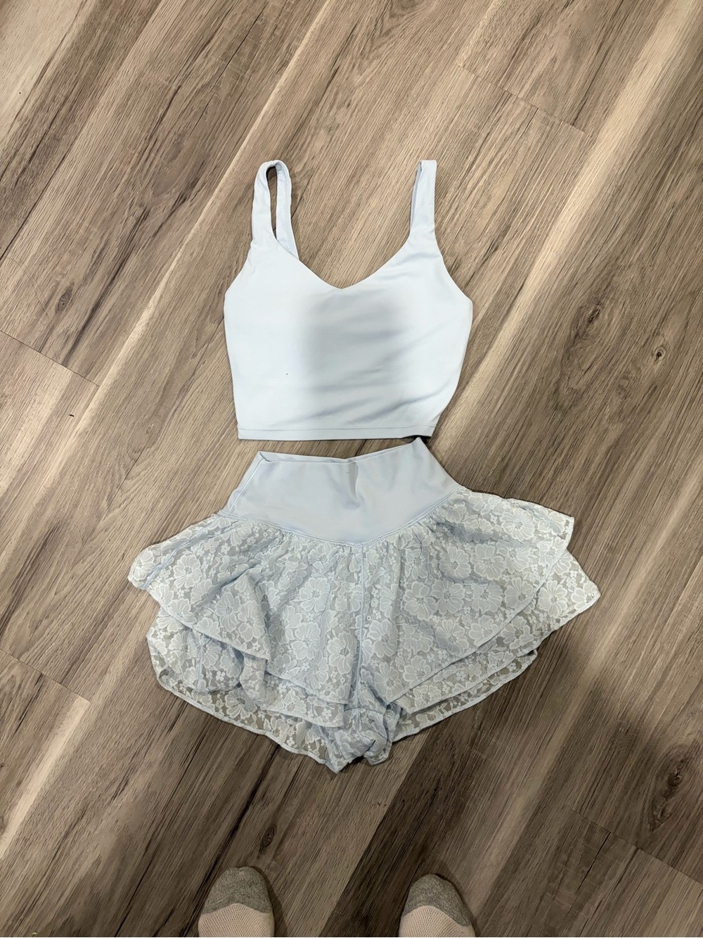 Women's Light Blue Lace Ruffle Crop Top & Shorts Set